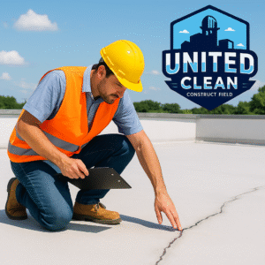 شركة عزل أسطح بنجران توضح فنيًا متخصصًا يفحص سطح المبنى قبل تنفيذ أعمال العزل مع ظهور شعار الشركة في أعلى الصورة