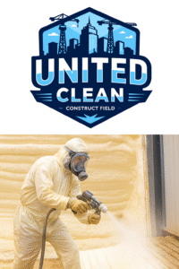 شركة عزل أسطح بنجران توضح عاملًا متخصصًا يرش عازل الفوم على السطح باستخدام معدات احترافية مع ظهور شعار الشركة أعلى الصورة