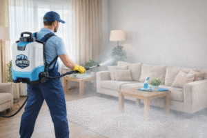 شركة مكافحة حشرات بظهران الجنوب أثناء تنفيذ أعمال رش مبيدات حشرية داخل غرفة المعيشة بواسطة عامل متخصص يحمل جهاز رش على الظهر مع تطبيق احترافي وآمن
