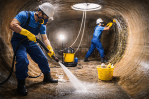 شركة تنظيف خزانات بشرورة عاملان يقومان بتنظيف خزان أرضي من الداخل باستخدام معدات حديثة لضمان إزالة الرواسب وتحسين جودة المياه داخل الخزان