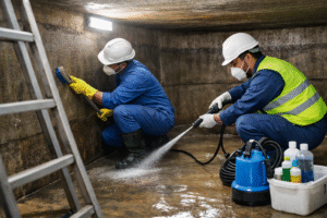 تنظيف خزانات بنجران بواسطة فريق متخصص يستخدم معدات حديثة لتعقيم وتنظيف خزان المياه من الداخل