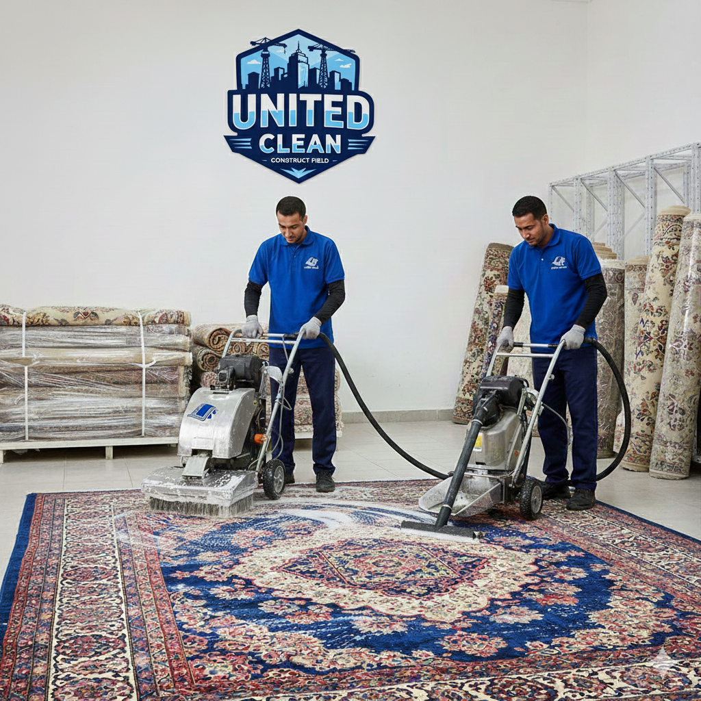 شركة تنظيف سجاد بنجران - المتحدة لخدمات التنظيف. صورة توضيحية لعملية تنظيف سجاد احترافية أو شعار الشركة المتحدة مع تفاصيل التواصل: 0576341748. افضل مغسلة سجاد توفر خدمات الغسيل بالبخار والتعطير في نجران وضواحيها.