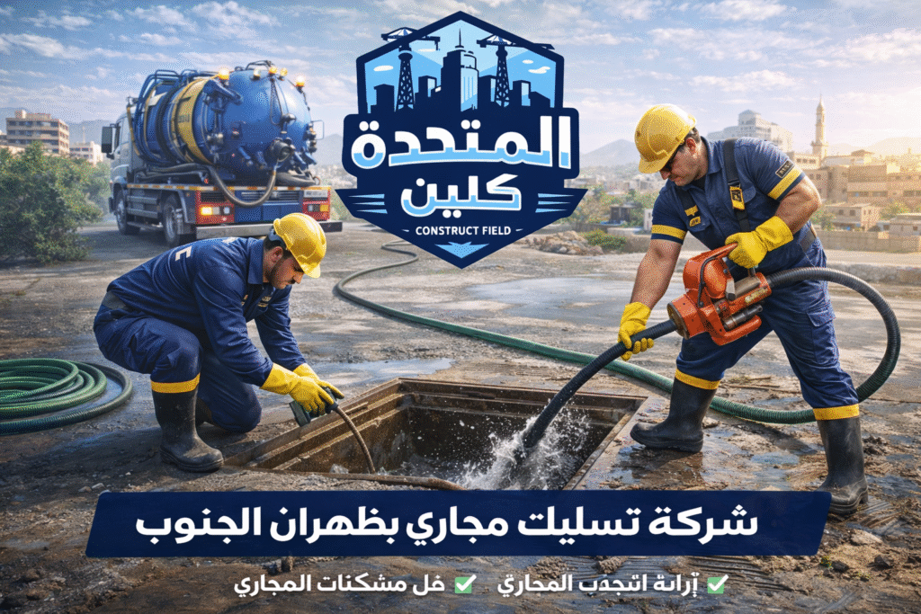 شركة تسليك مجاري بظهران الجنوب عمال يقومون بتسليك المجاري باستخدام معدات حديثة مع ظهور لوجو الشركة أثناء العمل