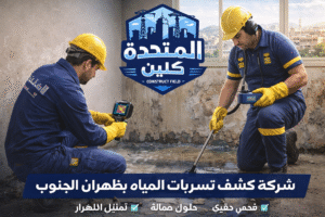 شركة كشف تسربات المياه بظهران الجنوب فنيون يقومون بفحص تسربات المياه باستخدام أجهزة حديثة مع ظهور لوجو الشركة أثناء العمل