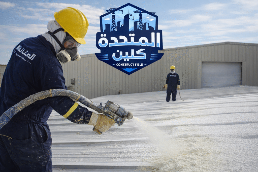شركة عزل اسطح بظهران الجنوب عمال يقومون برش فوم عازل على سطح مستودع باستخدام مسدس الفوم مع ظهور لوجو الشركة