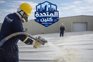 شركة عزل اسطح بظهران الجنوب عمال يقومون برش فوم عازل على سطح مستودع باستخدام مسدس الفوم مع ظهور لوجو الشركة