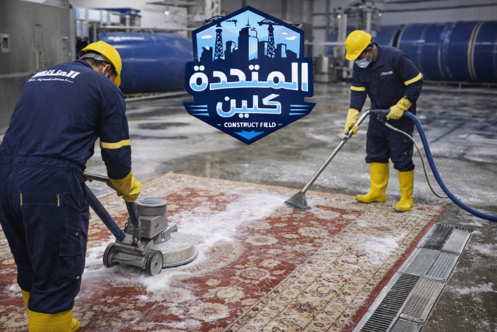 شركة غسيل سجاد بظهران الجنوب عمال يقومون بغسيل وتنظيف السجاد باستخدام معدات حديثة مع ظهور لوجو الشركة