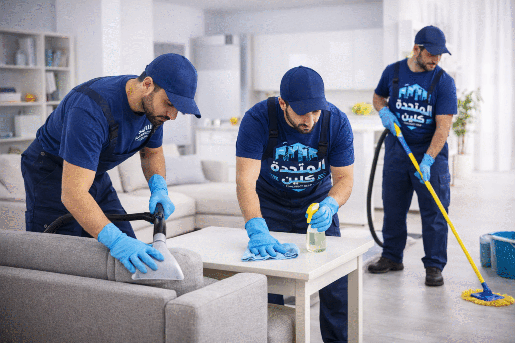 شركة تنظيف بخميس مشيط – فريق عمل يقوم بتنظيف الأثاث والأرضيات داخل منزل بشكل منظم واحترافي