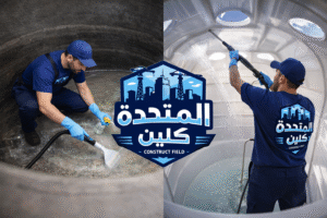 شركة تنظيف خزانات بخميس مشيط – عمال يقومون بتنظيف خزانات مياه أرضية وعلوية من الداخل باستخدام أدوات حديثة مع إبراز شعار الشركة