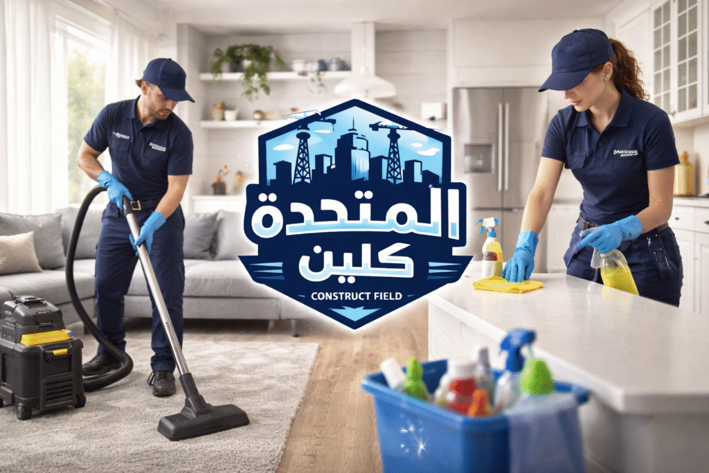 شركة تنظيف منازل بخميس مشيط – فريق عمال تنظيف محترفين يقومون بتنظيف شامل داخل المنزل باستخدام معدات حديثة مع إبراز شعار الشركة