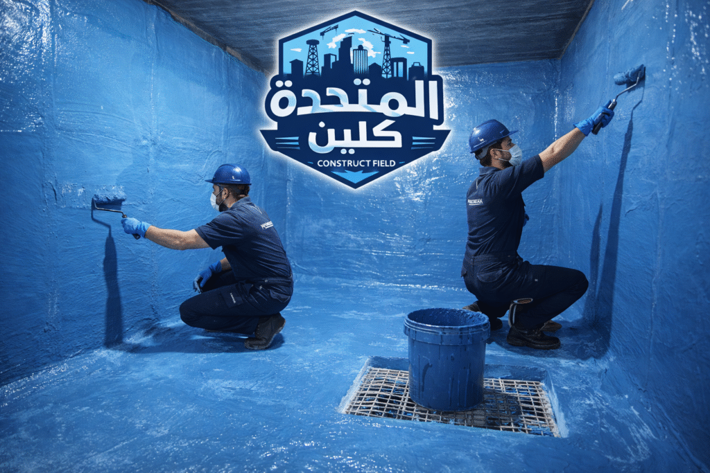 شركة عزل خزانات بخميس مشيط – عمال متخصصون يقومون بعزل خزان أرضي من الداخل باستخدام مادة عزل زرقاء لضمان حماية المياه وجودة العزل